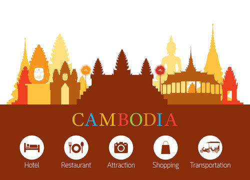 Cambodia Landmarks Skyline with Accommodation Icons, Cityscape, Travel and Tourist Attraction