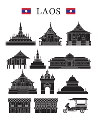 Fotobehang Laos Landmarks and Culture Object Set, Design Elements, Black and White, Line and Silhouette © muchmania