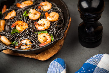 Black pasta with shrimps