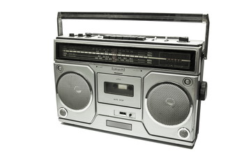 Retro cassette tape recorder on white background