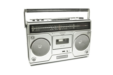 Retro cassette tape recorder on white background