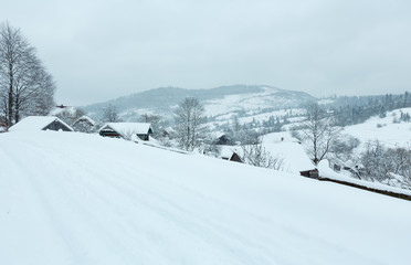 Winter Ukrainian Carpathian Mountains landscape.