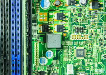 Green system board with microchips and transistors