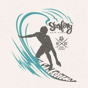 Surfer and big wave. T-shirt design