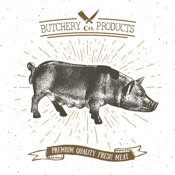 Butcher Shop vintage emblem pork meat products, butchery Logo template retro style. Vintage Design for Logotype, Label, Badge and brand design. vector illustration.