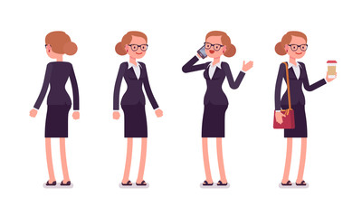 Set of businesswoman in standing poses, rear and front view