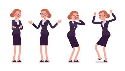 Fototapeta na wymiar Young businesswoman in formal wear expressing negative emotions, different poses
