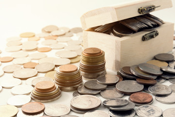 background of Thai coin with wooden trunk..banking and saving money conceptual.