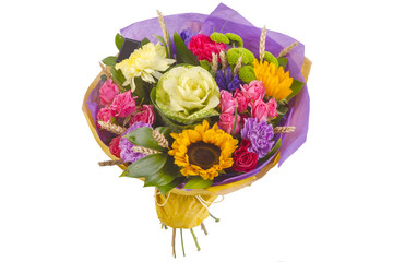 Bright buketny composition from fresh flowers, the white isolated background