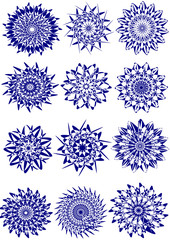 blue snowflakes patterns, flowers, mandala on a white background