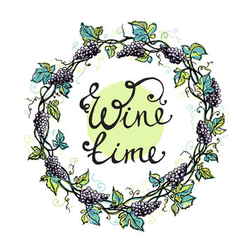 Watercolor wreath from grape and leaves in graphic style hand-drawn vector illustration.