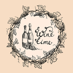 Wine bottles and wreath from grape and leaves in graphic style hand-drawn vector illustration.