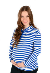 Young smiling beautiful pregnant woman in striped hoody  isolated over white background