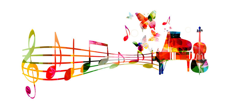Colorful music background with piano and violoncello vector illustration. Music instruments with music notes