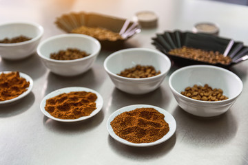 Various plates with coffee-berries at table