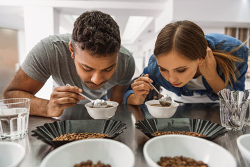 Concentrated couple tasting ready coffee