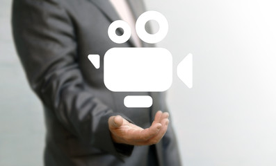 Man offer camcorder video blog icon. Video camera vlog social network communication web concept....