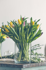 Multicolored tulips flowers bouquet in a glass vase