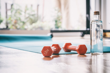 Pair of dumbbells on a wooden floor