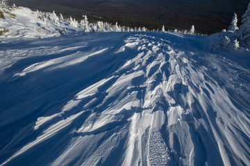 Snowy winter landscape in the mountains. National Park Taganay. Southern Urals. Russia.