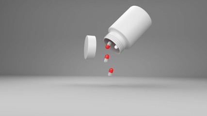 Pill bottle on red background for use in presentations, education manuals, design, etc