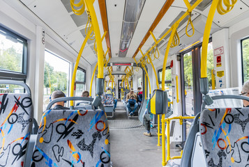 The interior of a modern tram in Moscow.