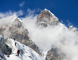 group of climbers on mountains montage to mount Lhotse