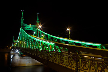 Fototapeta na wymiar Western side of Liberty Bridge connecting Buda and Pest across Dunabe River in Budapest, Hungary