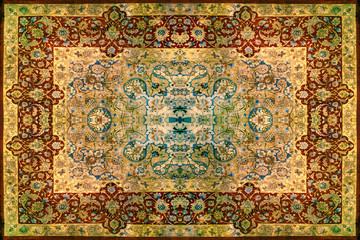 Persian Carpet Texture, abstract ornament. Round mandala pattern, Middle Eastern Traditional Carpet Fabric Texture. Turquoise milky blue grey brown yellow red