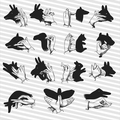 Hand shadow animal puppet vector black and white illustration