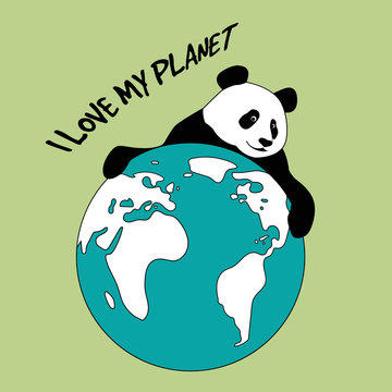 Vector drawing of panda holding the planet Earth