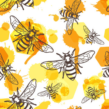 Vector seamless pattern with linear bee, liquid honey and watercolor honeycombs. Organic honey background. Concept for honey package design, label, wrapping, prints.