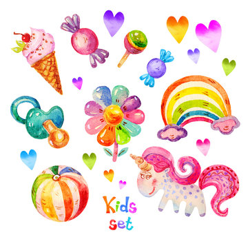Colorful Watercolor kids set in cartoon childish toys stile of unicorn, pacifier, heart, ball, flower, candy, ice cream, rainbow icons.Hand draw  kids set illustration isolated on white background. 