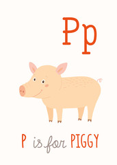 Farm animal alphabet P for piggy. ABC Kids Wall Art.   Card. Nursery  poster  . Playroom decor.  is  the Pig. Cartoon clipart eps 10 illustration isolated on white.