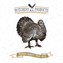 Fototapeta na wymiar Butcher Shop vintage emblem turkey meat products, butchery Logo template retro style. Vintage Design for Logotype, Label, Badge and brand design. vector illustration.