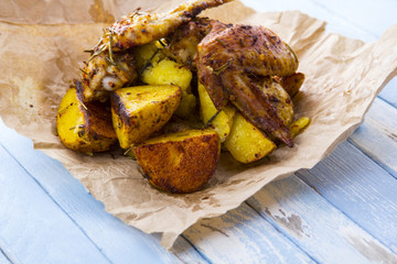 potatoes chicken grill meat spices food
