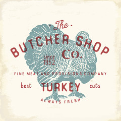 Butcher Shop vintage emblem turkey meat products, butchery Logo template retro style. Vintage Design for Logotype, Label, Badge and brand design. vector illustration.