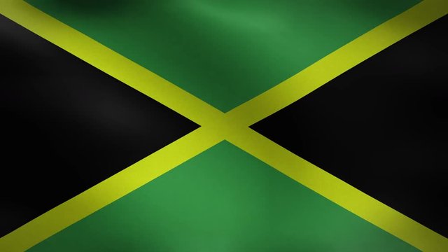 Close-up flag of Jamaica ripples in a breeze. Jamaica Flag waving in slow motion with highly detailed fabric texture loop,Creased textured Jamaica flag with visible wrinkles and seams full hd and 4k.