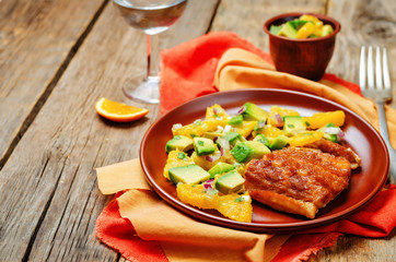Honey soy baked cod with avocado orange salsa