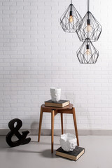modern lamp and wood chair concept