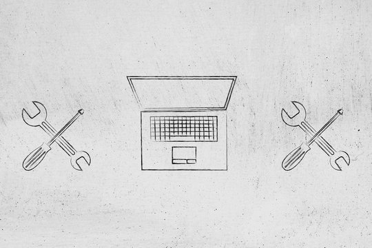 fixing your computer, laptopp with wrench & screwdriver