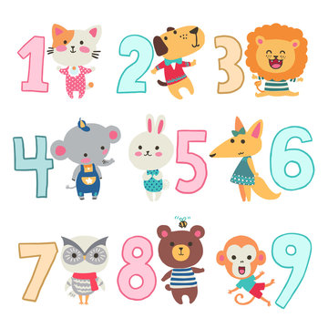Birthday anniversary numbers with funny animals character for card kids, party, invitation. Vector illustration.