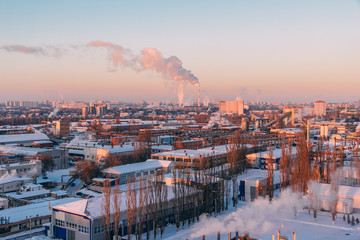 Evening winter cityscape view of industrial area in Voronezh.  