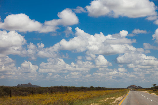 South African road through the savannas and deserts with marking