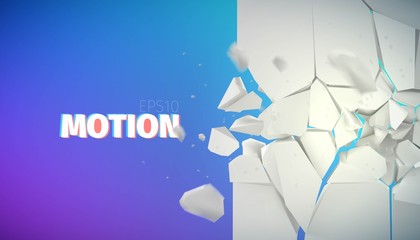 flying rock pieces banner. Motion collapse vector