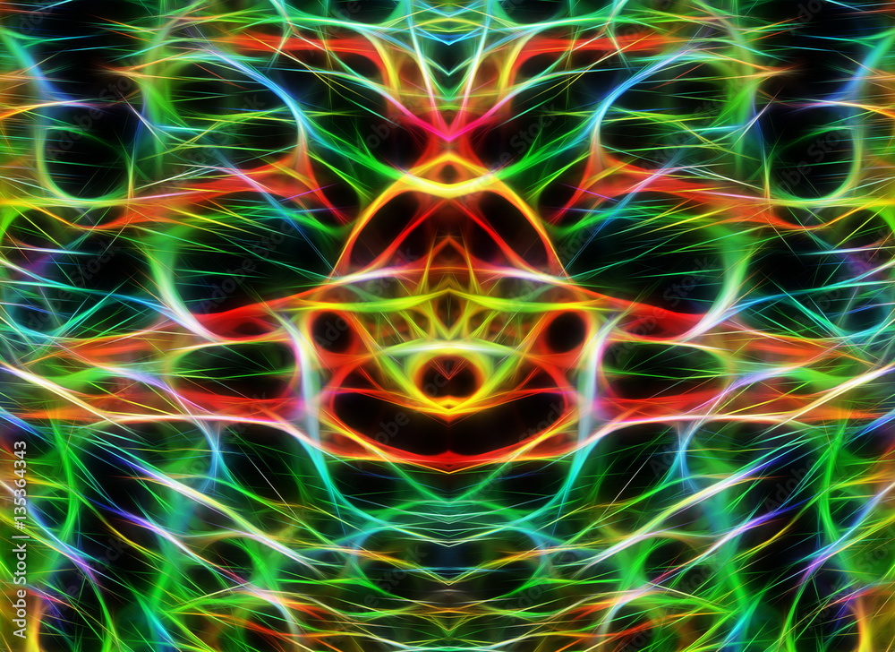 Poster abstract fractal effect graphic, multicolor on black background.