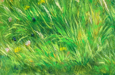 wild meadow grass structure in bright green tones, painting detail.