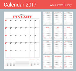 Calendar Template for 2017 Year. Set of 12 Months. Business Planner Template. Stationery Design. Week starts Sunday. 3 Months on the Page. Vector Illustration