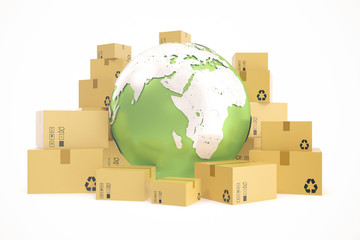 Cardboard box shipping and worldwide delivery business concept, earth planet globe. 3d rendering. Elements of this image are furnished by NASA