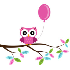 Owl on a branch with air balloon